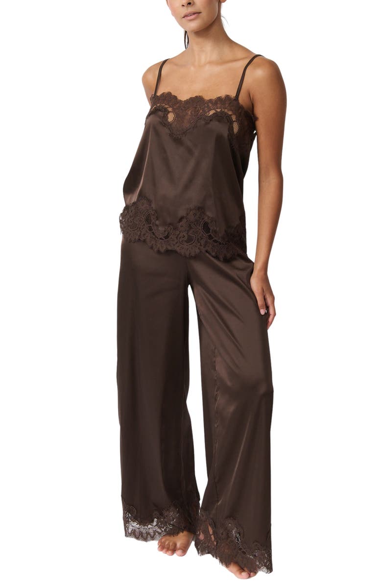 Kat The Label Olivia Lace Trim Satin Pants, Alternate, color, Espresso