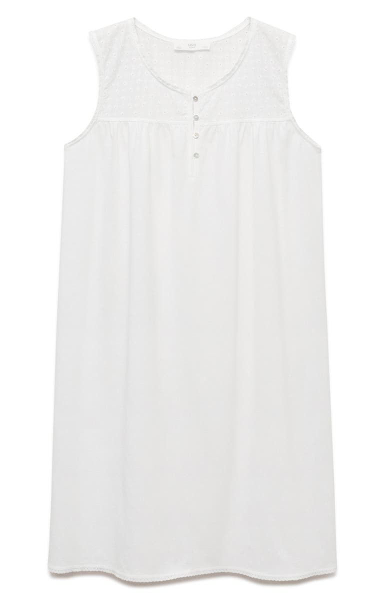 MANGO Embroidered Eyelet Yoke Sleeveless Cotton Nightgown, Main, color, White