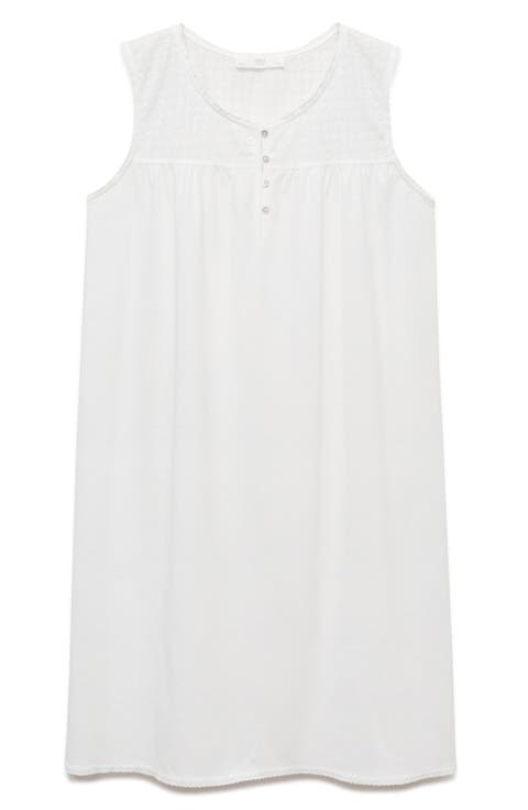 Embroidered Eyelet Yoke Sleeveless Cotton Nightgown