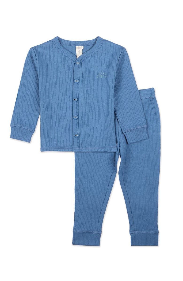 MiniMoi Kid's Ribbed Color Button-Down Pajama Set, Main, color, Deep Water