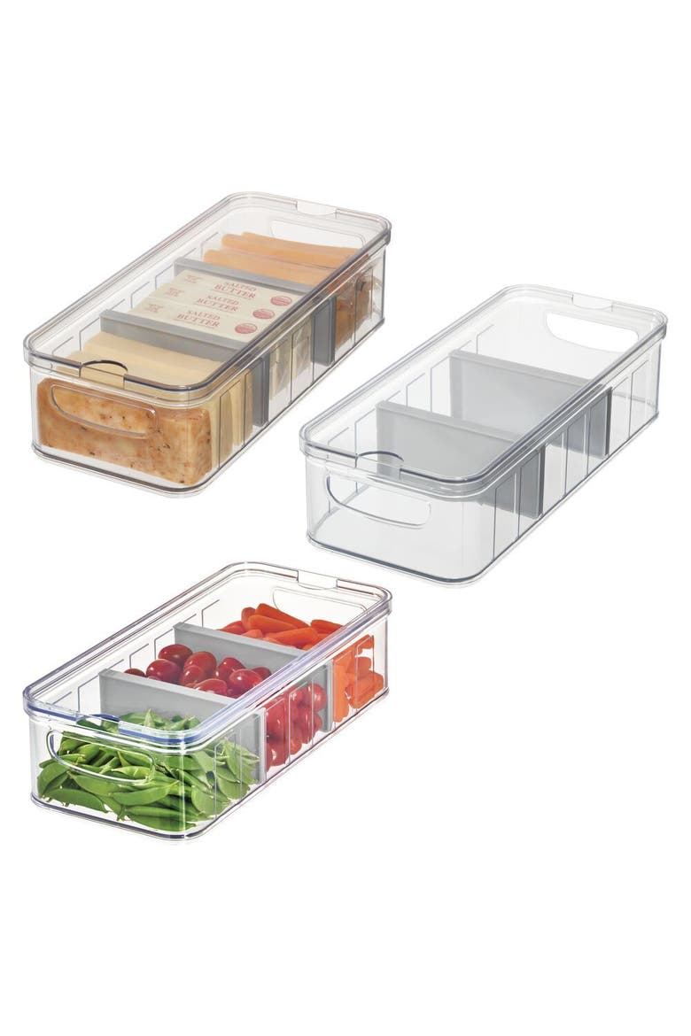 Large Fridge Organizer Bin with Removable Divider and Lid - Set of 3 - Clear/Gray, Main, color, Gray