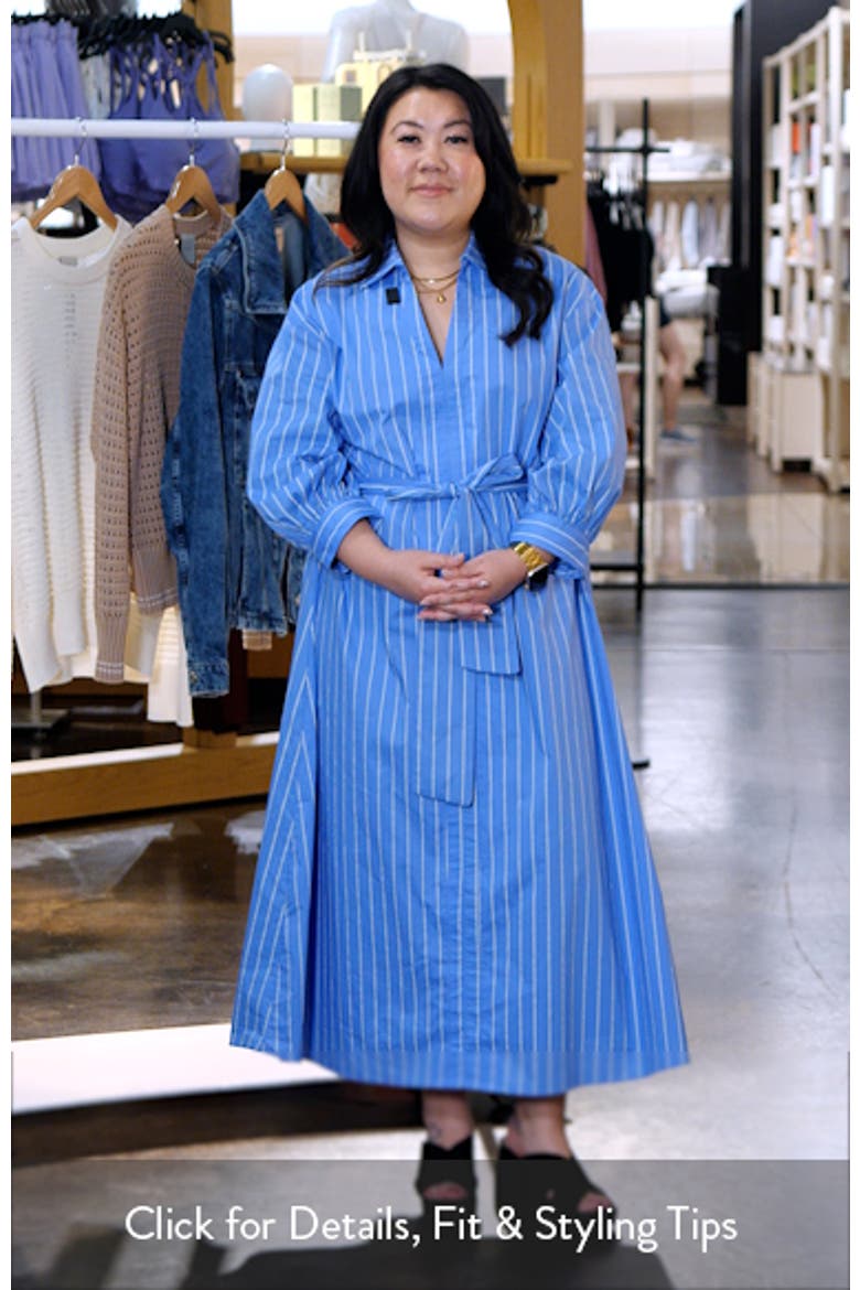Stripe Blouson Sleeve Cotton Midi Shirtdress video
