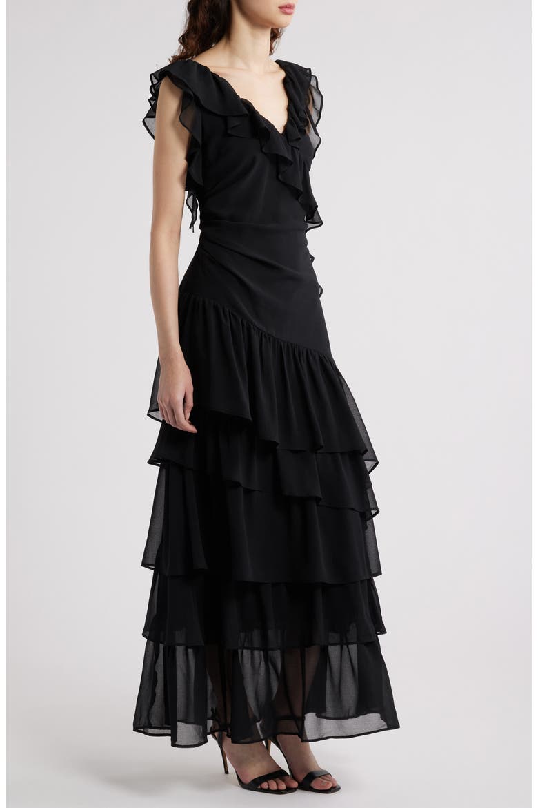 Cap Sleeve Cascading Ruffle Gown, Alternate, color, BLACK