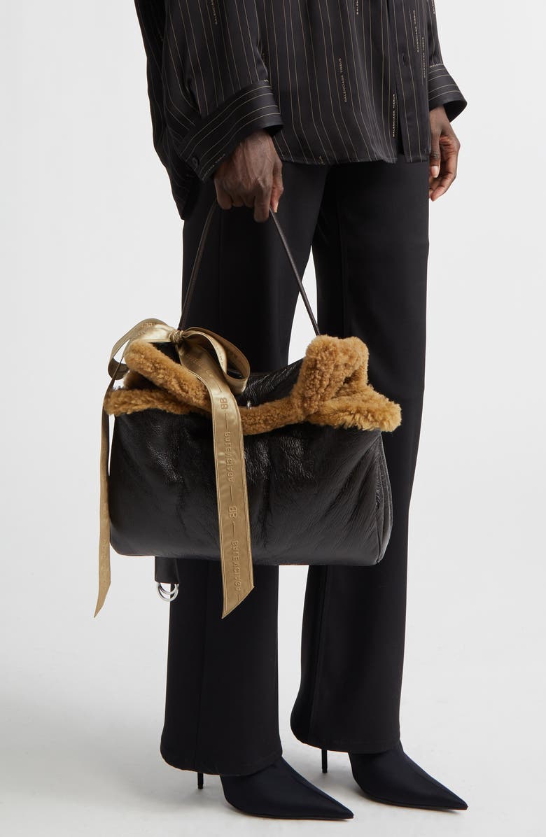 Balenciaga Medium Rodeo Aviator Genuine Shearling Trim Leather Shoulder Bag, Alternate, color,