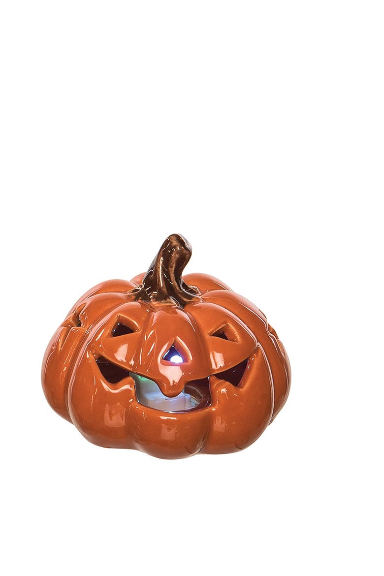 3.27" x 3.94" Orange White Black Stoneware Pumpkin 3-Piece Light Up Jack O' Lantern Halloween Figurines, Alternate, color, Orange