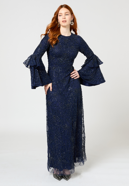 Maryisa Modest Embellished Sequin Beaded Maxi Dress With Frilled Sleeves