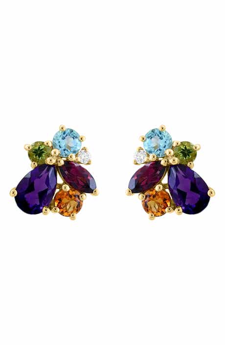 EFFY 14K Gold Diamond & Amethyst Cluster Stud Earrings
