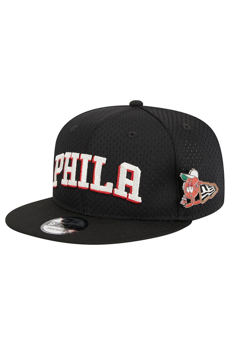 Men's New Era Black Philadelphia 76ers Post-Up Pin Mesh 9FIFTY Snapback Hat, Main, color, Black