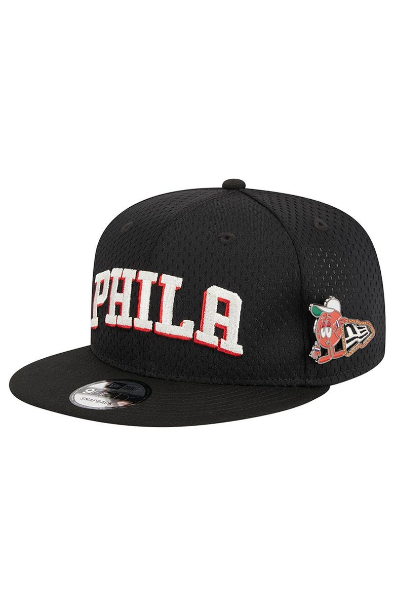 New Era Men's New Era Black Philadelphia 76ers Post-Up Pin Mesh 9FIFTY Snapback Hat, Main, color, Black