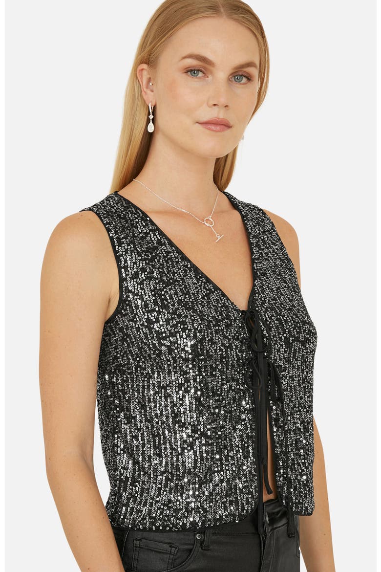 Sequin Tie Front Waistcoat Top, Alternate, color, Black