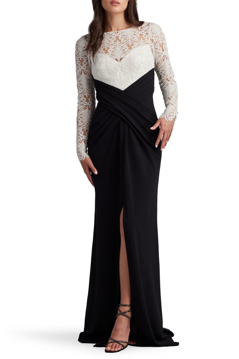 Corded Lace & Crepe Long Sleeve Gown, Alternate, color, IVORY/ BLACK