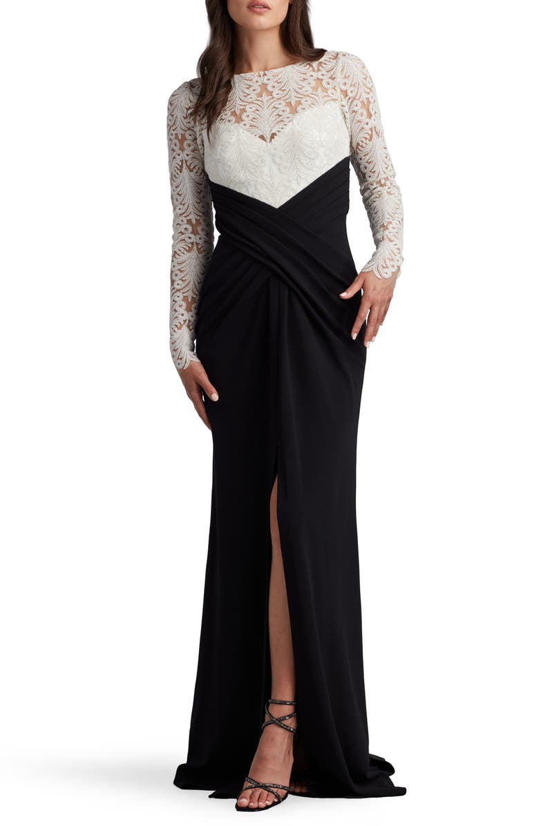 Tadashi Shoji Corded Lace & Crepe Long Sleeve Gown, Alternate, color, Ivory/ Black