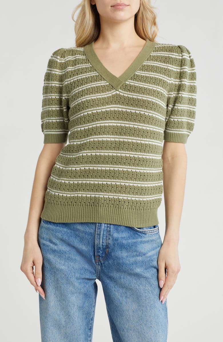 Caslon<sup>®</sup> Pointelle Short Sleeve Cotton Blend Sweater, Main, color, Olive Ivory Sand Stripe