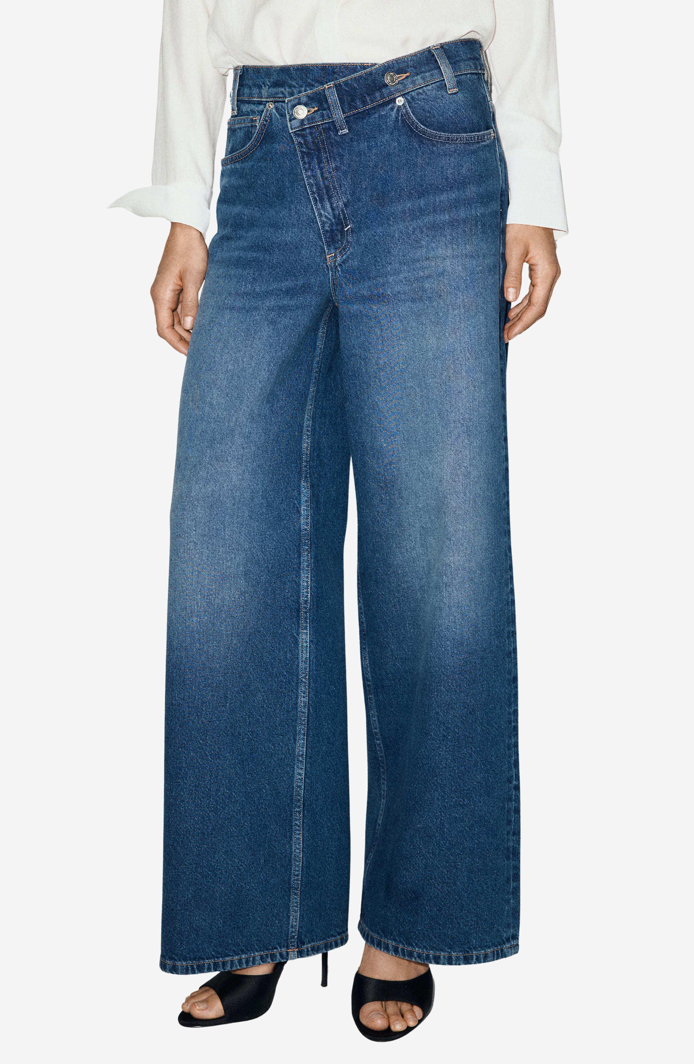 MANGO Asymmetric Button Wide Leg Jeans
