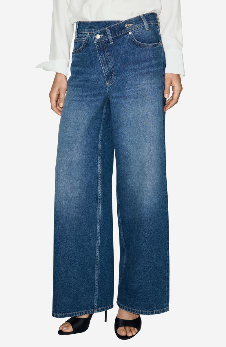 MANGO Asymmetric Button Wide Leg Jeans, Main, color, Dark Blue