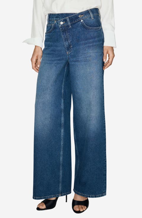 Asymmetric Button Wide Leg Jeans