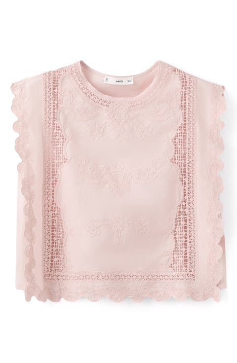 Embroidered Scalloped Trim Crop Cotton Blend Top