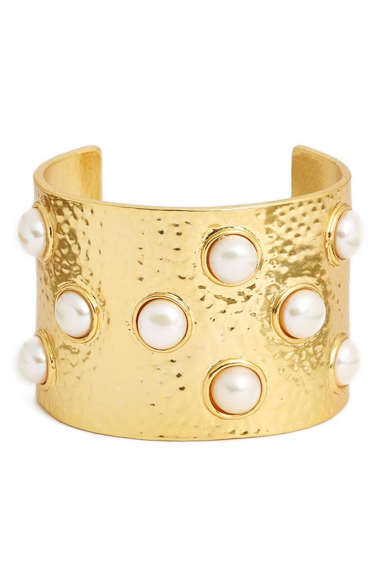 Karine Sultan Hammered Imitation Pearl Cuff, Main, color,