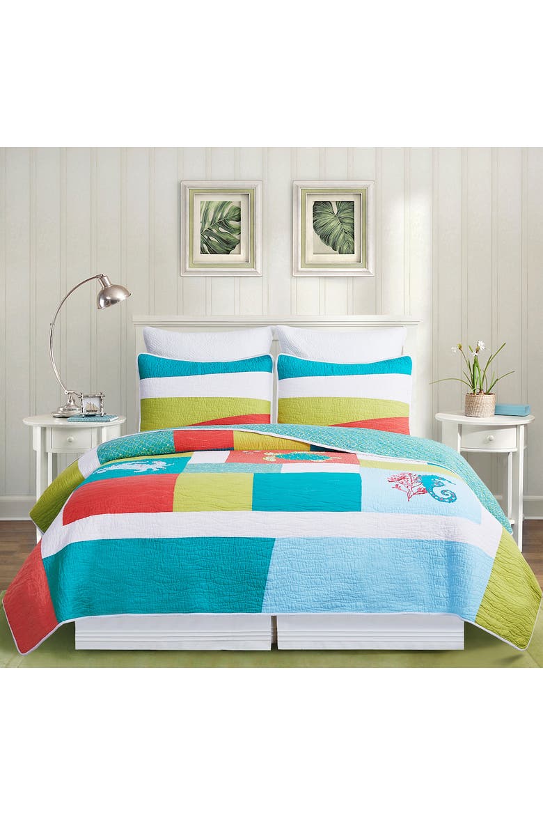 Santorini Coastal Beach Patchwork Embroidered and Applique Cotton Quilt Set  - Machine Washable, Alternate, color, Blue