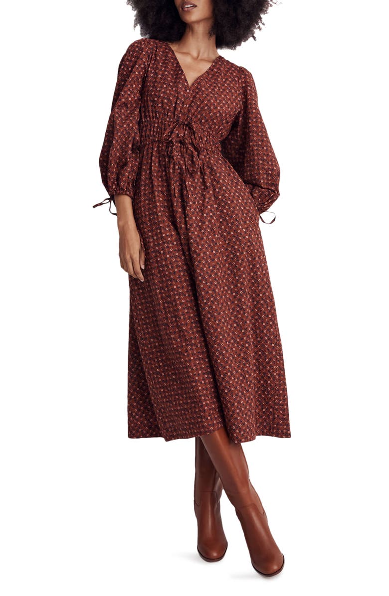 Madewell Sophia Teaberry Floral Tie Front Midi Dress, Main, color,