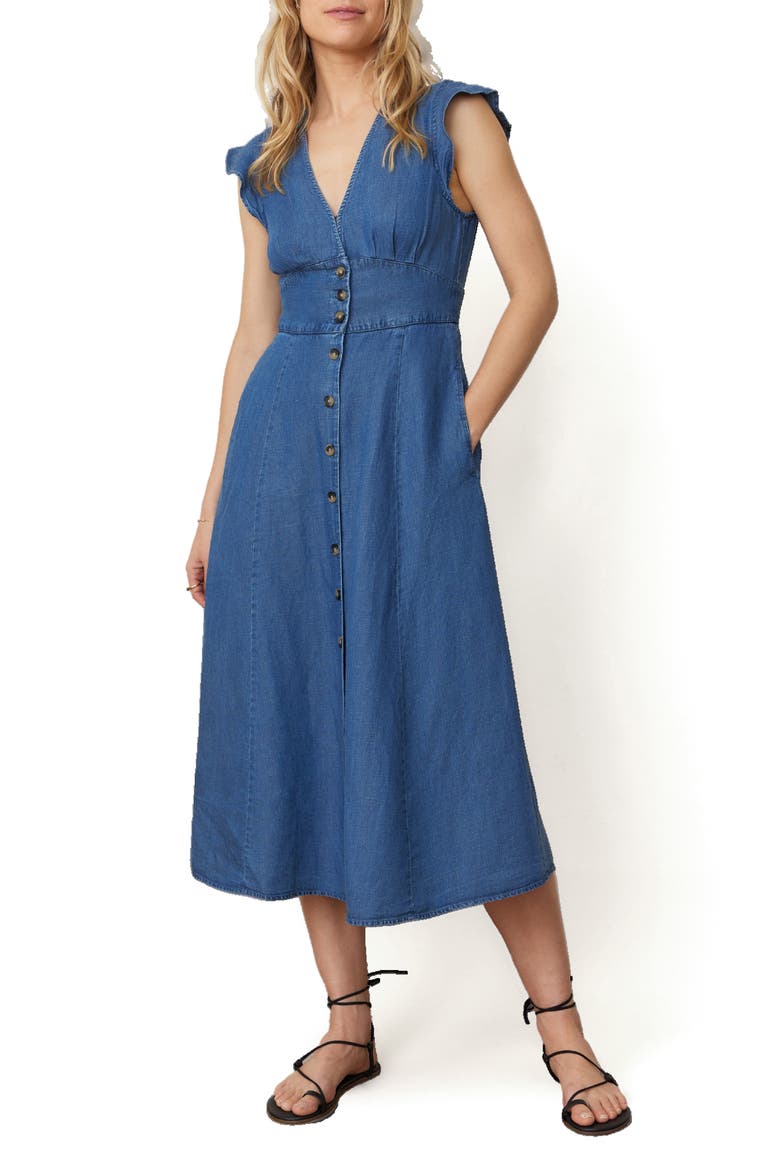Camila Button Front Midi Dress, Main, color, MEDIUM WASH