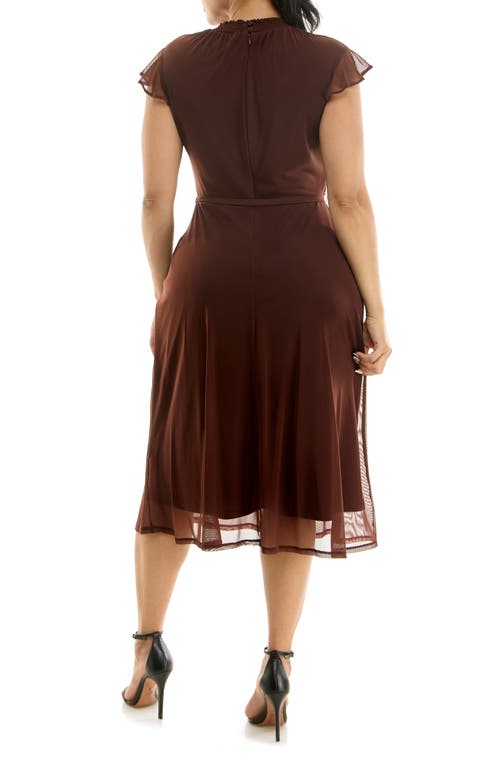 Nina Leonard Smocked Flutter Sleeve Mesh Dress In Brown