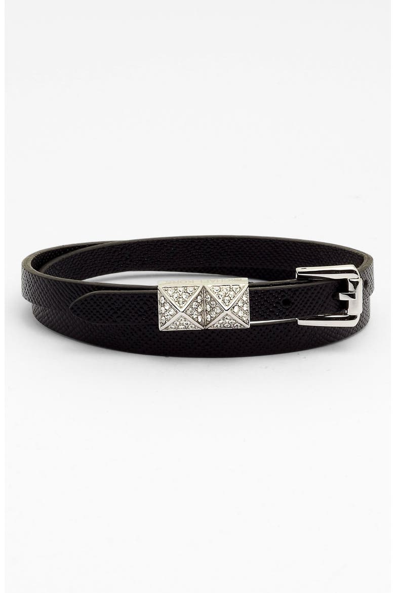 Michael Kors Leather Double Wrap Bracelet (Nordstrom Exclusive), Main, color, BLACK/ SILVER/ CLEAR
