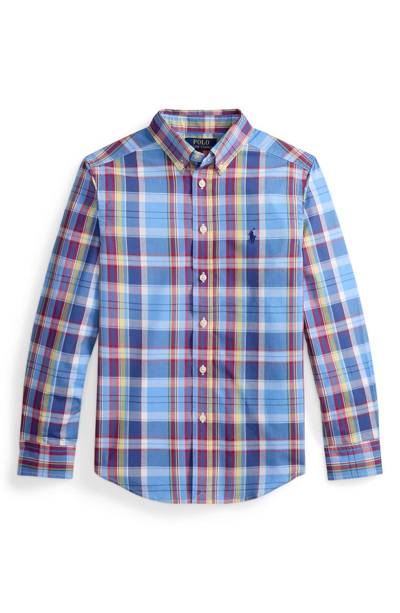 Polo Ralph Lauren Kids' Plaid Cotton Poplin Button-Down Shirt, Main, color, Blue Red Multi