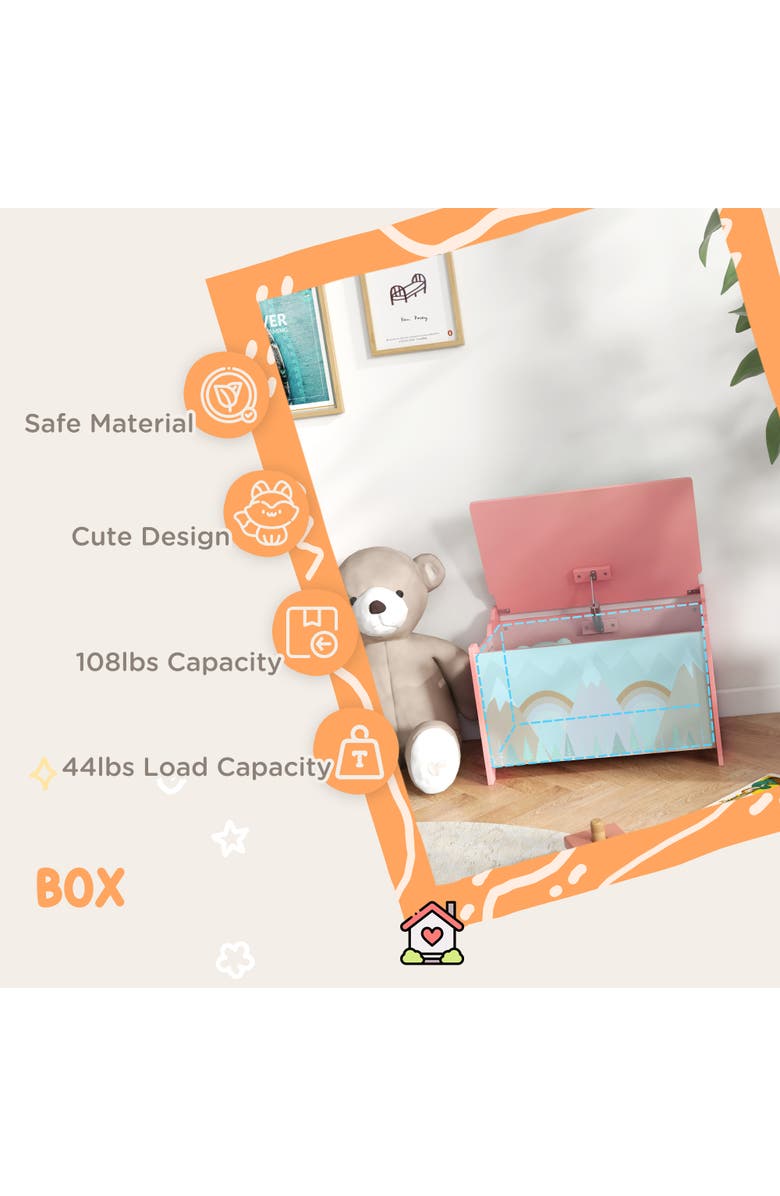 Qaba Kids Toy Box with Lid, Safety Hinge, Cute Animal Design, Storage, Alternate, color, Pink