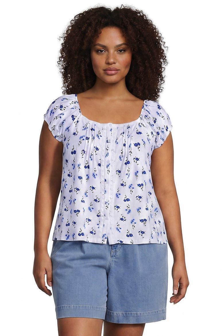 Plus Size Sleeveless Lightweight Jersey Pintuck Button Front Blouse, Main, color, White/Clear Blue Sky Flowers