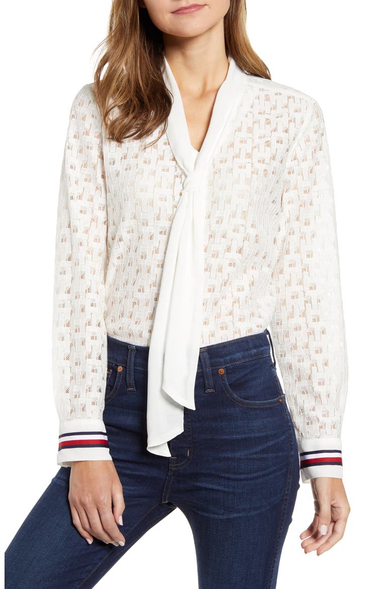 Tie Front Lace Button Up Top, Main, color, BRIGHT WHITE