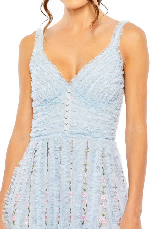 Mac Duggal Ruffle Floral Embroidered Detail Tea Length Midi Dress In Blue Multi