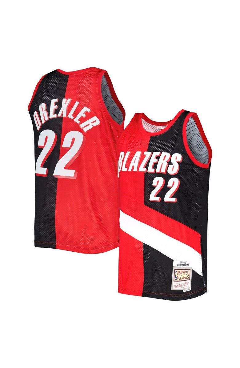 Mitchell & Ness Men's Mitchell & Ness Clyde Drexler Red/Black Portland Trail Blazers Hardwood Classics 1991/92 Split Swingman Jersey, Alternate, color, 
