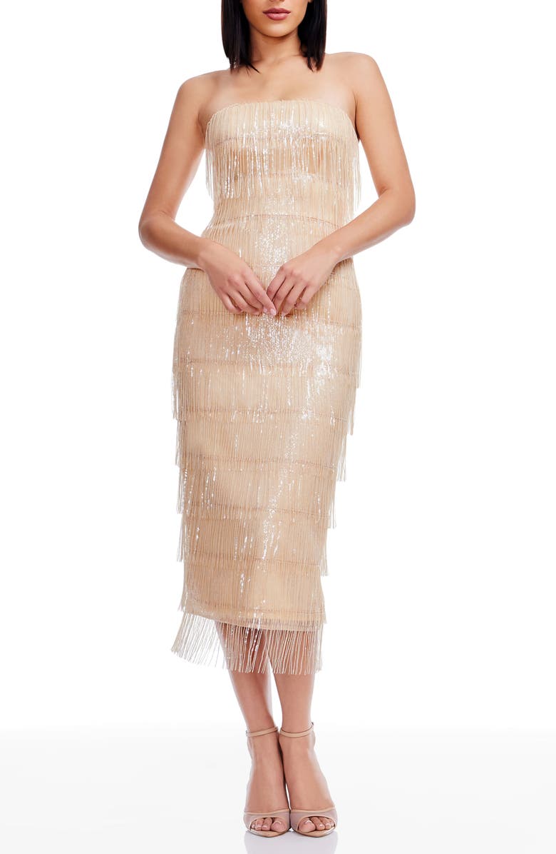 Dress the Population Viviana Fringe Strapless Body-Con Dress, Main, color, Champagne