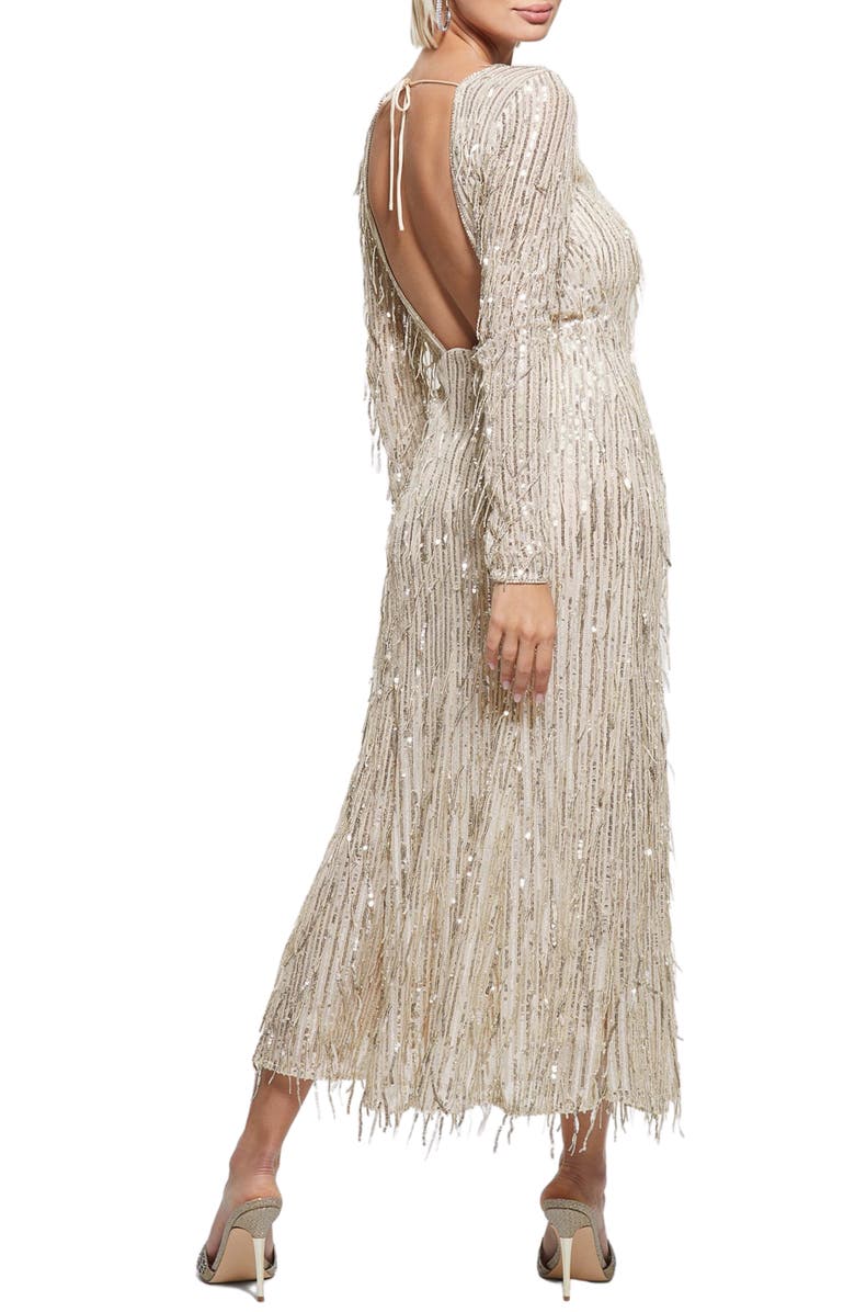 GUESS Elodie Sequin Fringe Long Sleeve Mesh Maxi Dress, Alternate, color, 
