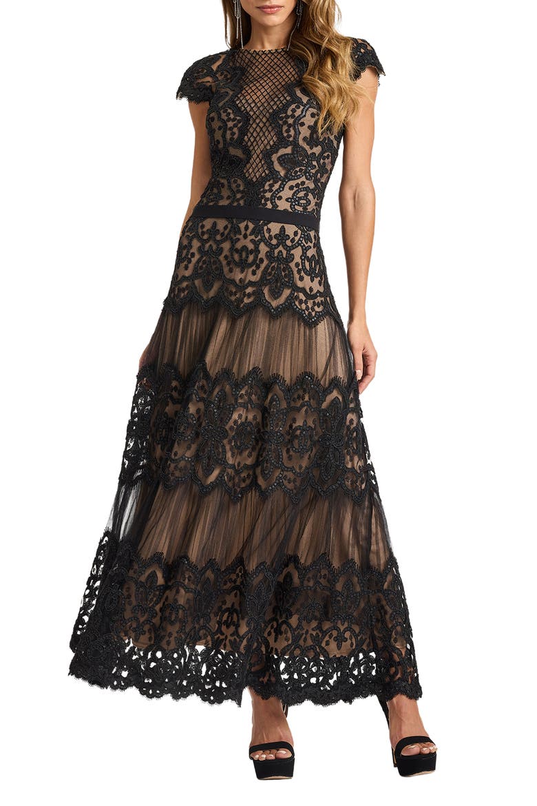 Cap Sleeve Sequin & Lace Midi Dress, Alternate, color, BLACK/ NUDE