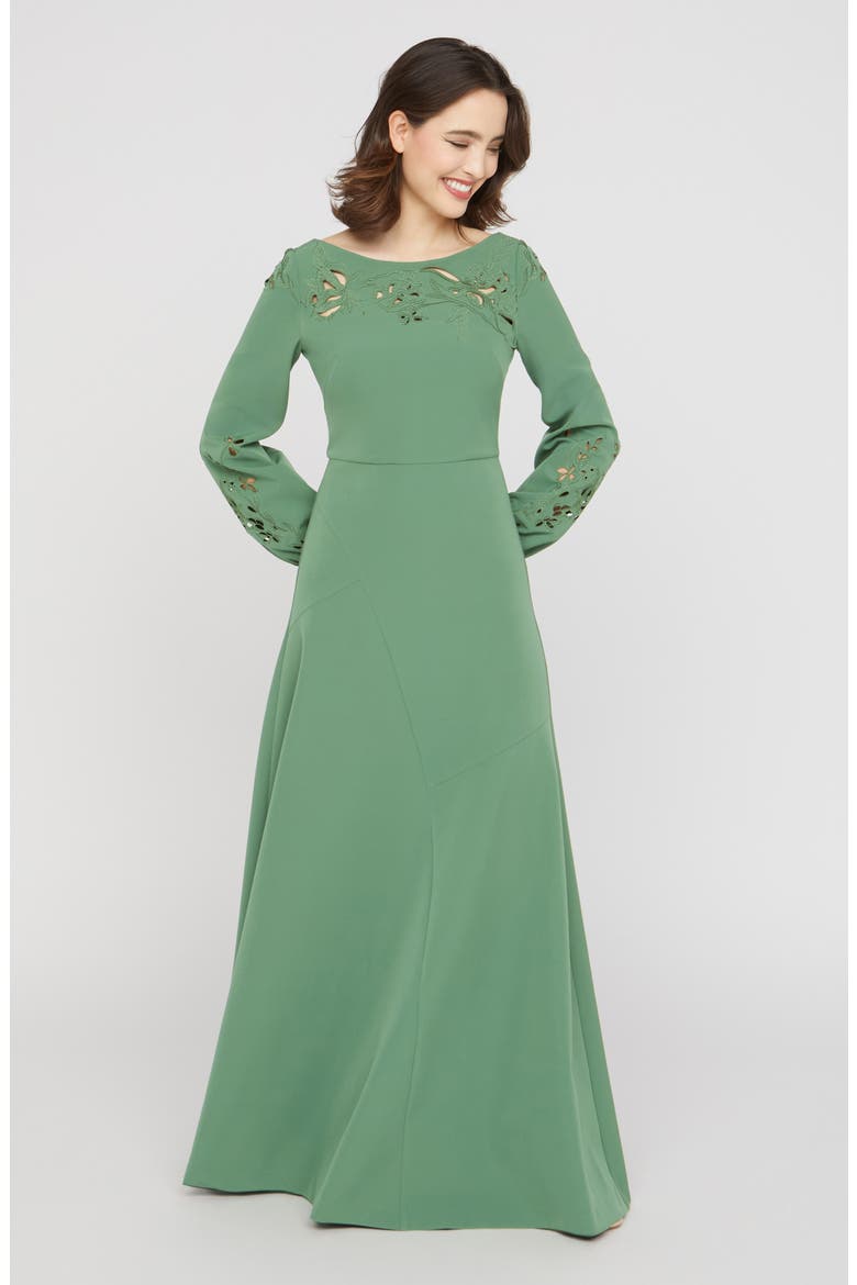 Valentina Embroidered Long Sleeve Gown, Alternate, color, SPEARMINT