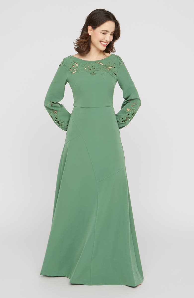 Kay Unger Valentina Embroidered Long Sleeve Gown, Alternate, color, Spearmint