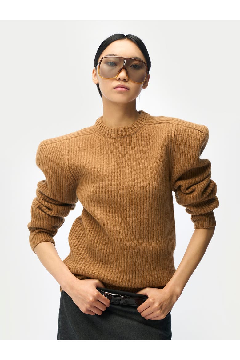 Sculpted-Shoulder Cashmere Sweater, Alternate, color, camel