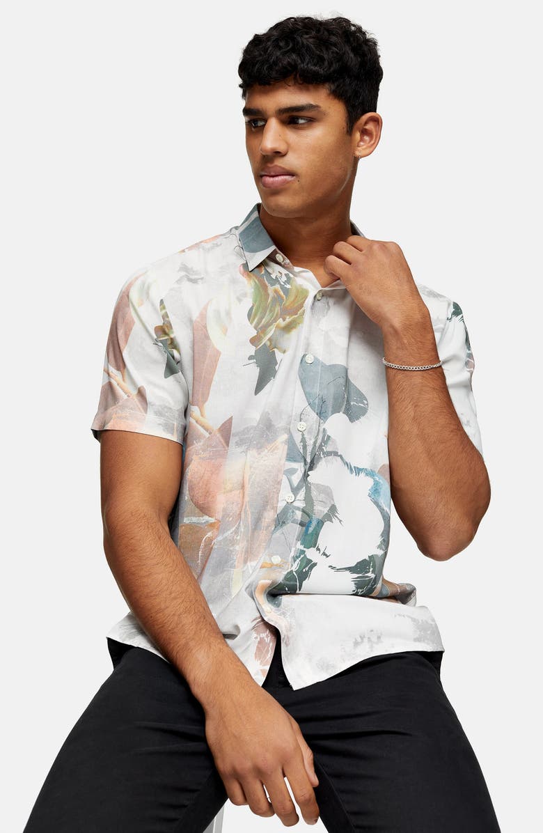 Topman Norsen Watercolor Short Sleeve Button-Up Shirt, Alternate, color,