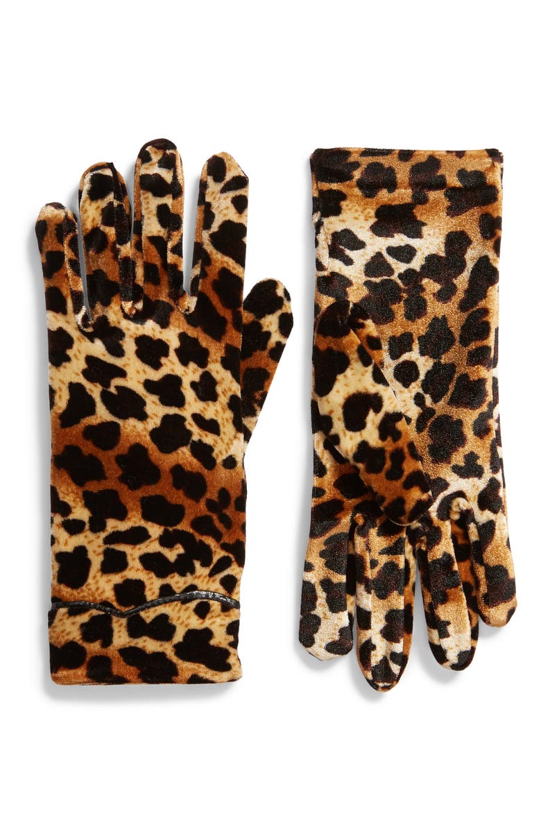 Leith Leopard Print Velvet Gloves, Main, color, 