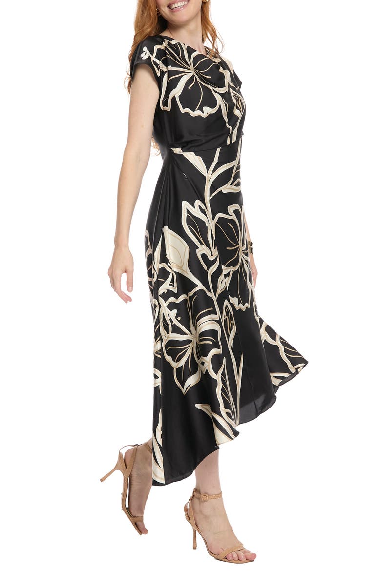 Print Asymmetric Satin Midi Dress, Alternate, color, BLACK/ CREAM