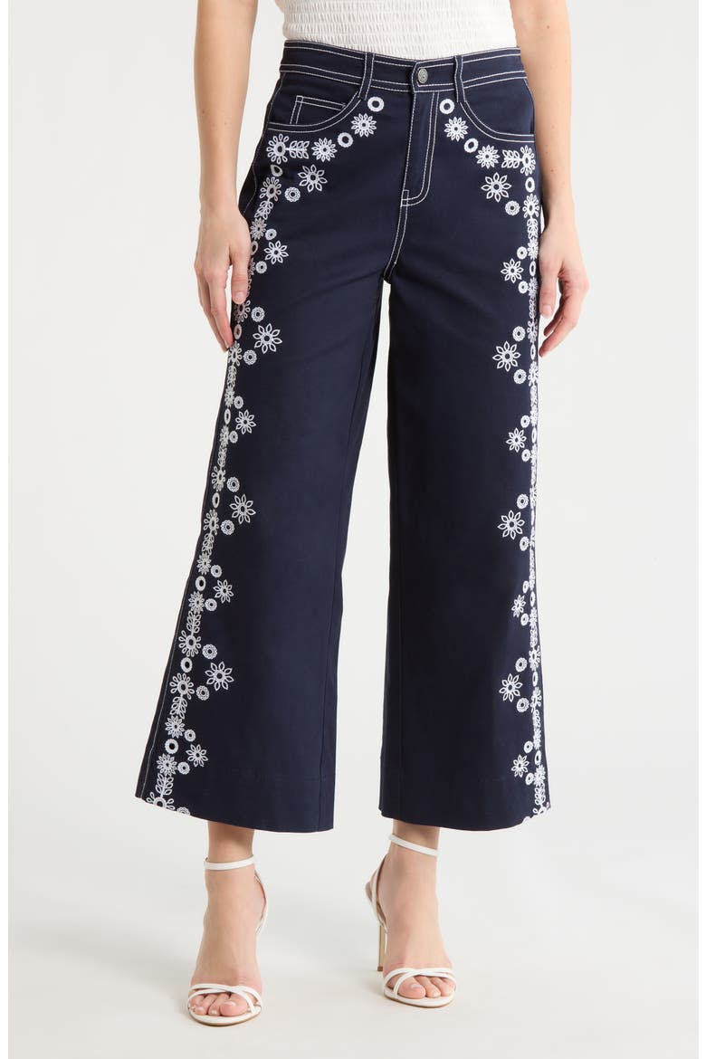 Mazie Eyelet Detail Stretch Cotton Pants, Main, color, NAVY/ WHITE