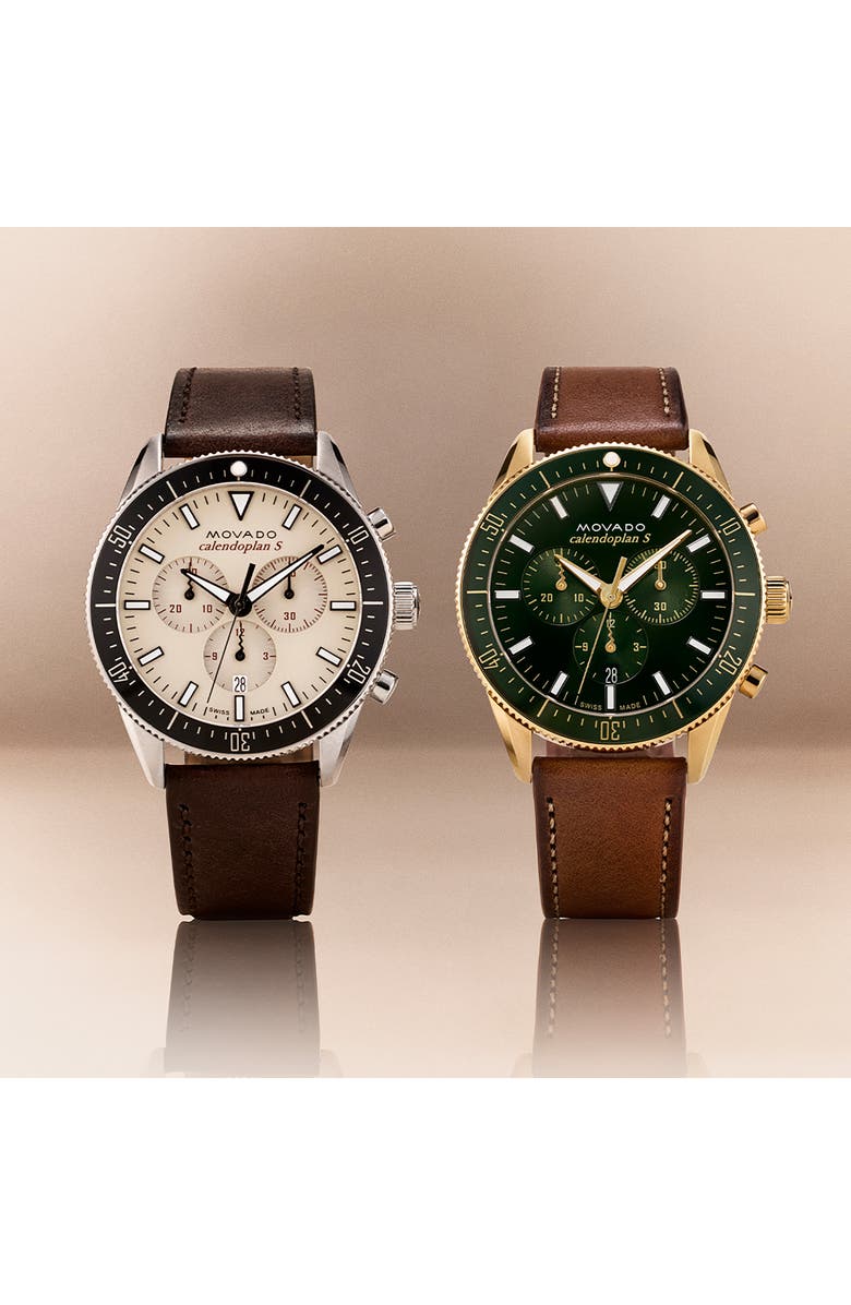 Movado Heritage Chrono Leather Strap Watch, 42mm, Alternate, color, Cognac/ Green/ Gold