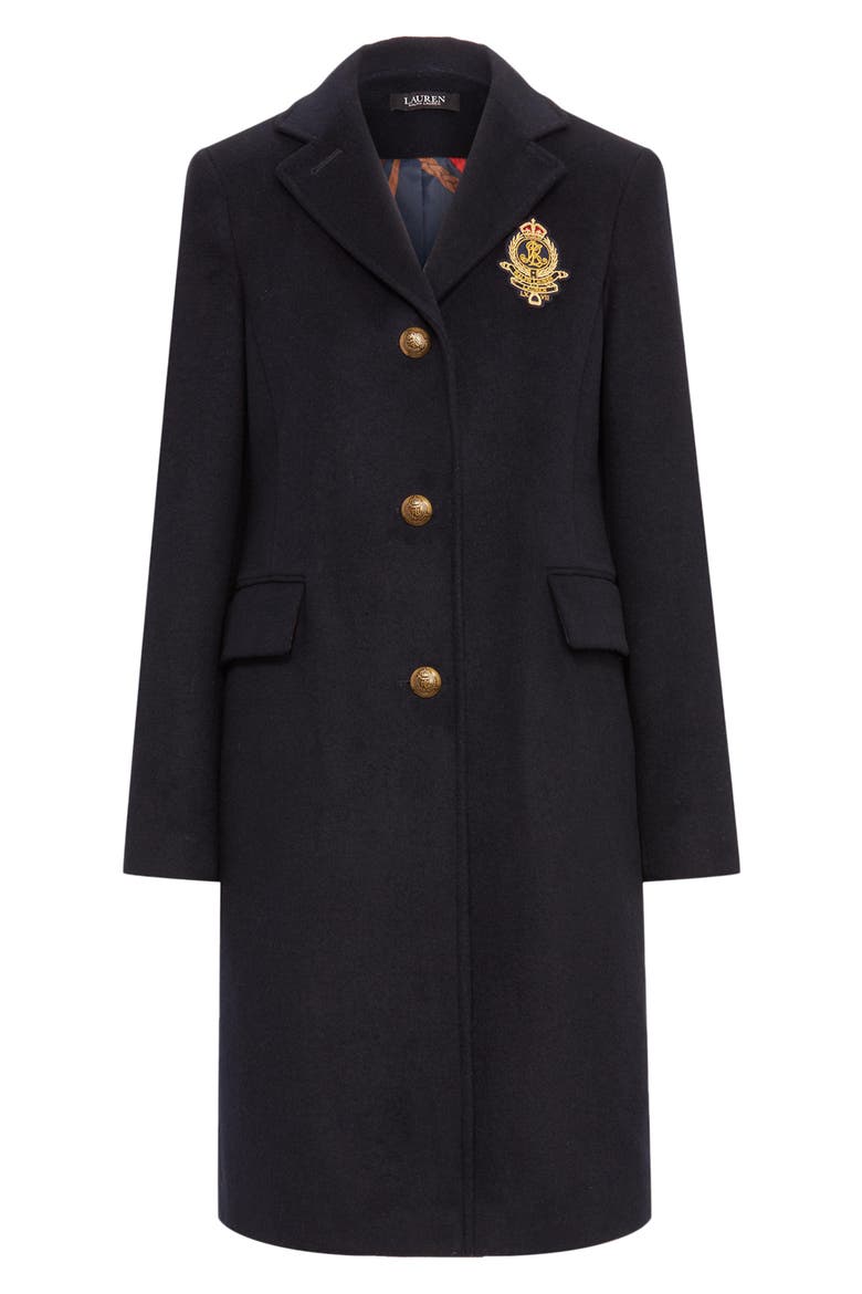 Crest Patch Wool Blend Coat, Alternate, color, REGAL NAVY