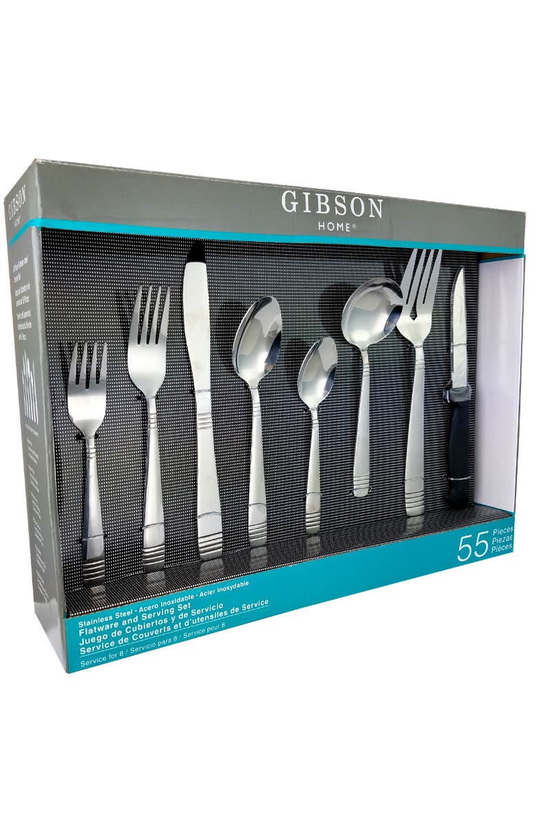 Gibson Home Palmore Plus 55 Piece Flatware Set, Main, color, Metallic Silver