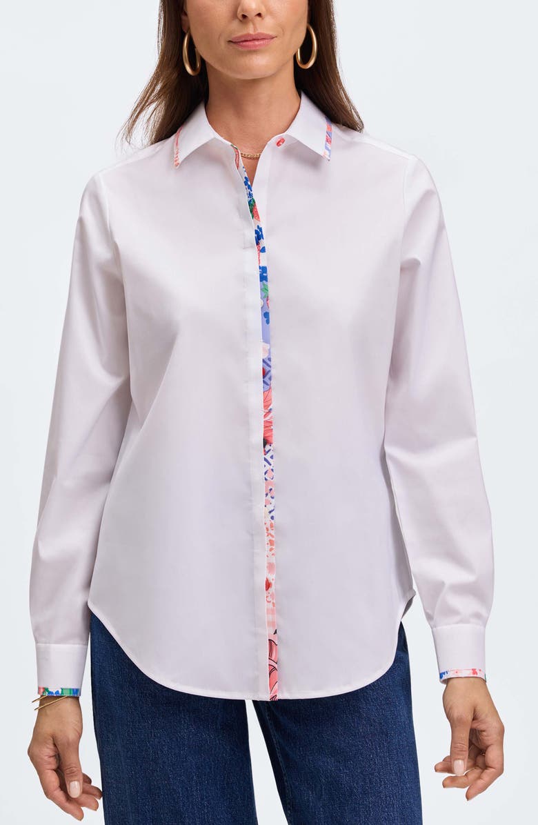 Foxcroft Charlie Floral Trim Cotton Blend Button-Up Shirt, Main, color, White