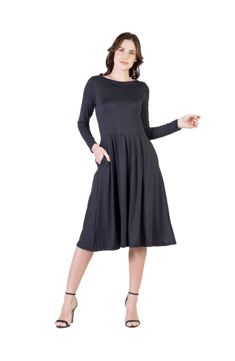 24seven Comfort Apparel Petite Midi Fit N Flare Pocket Dress, Main, color, Black