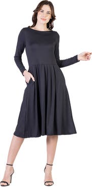 24seven Comfort Apparel Petite Midi Fit N Flare Pocket Dress