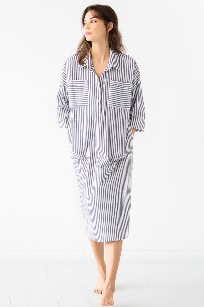 Oversized Button Down Long Shirt, Alternate, color, Navy Stripes